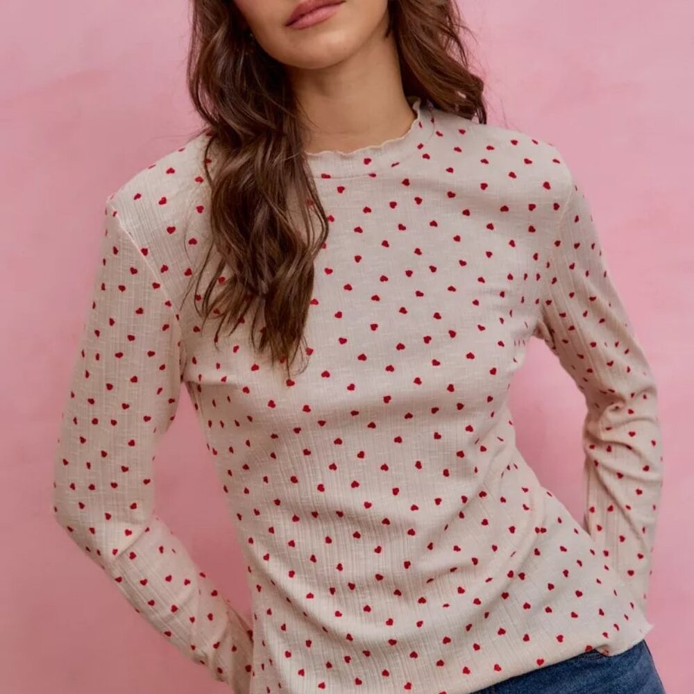 SO ME Ditsy Heart All Over Slub Rib Knit Valentine Top - Picture 5 of 7